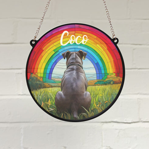 Staffordshire Bull Terrier Grey Rainbow Bridge Personalised Stained Glass Effect Suncatcher
